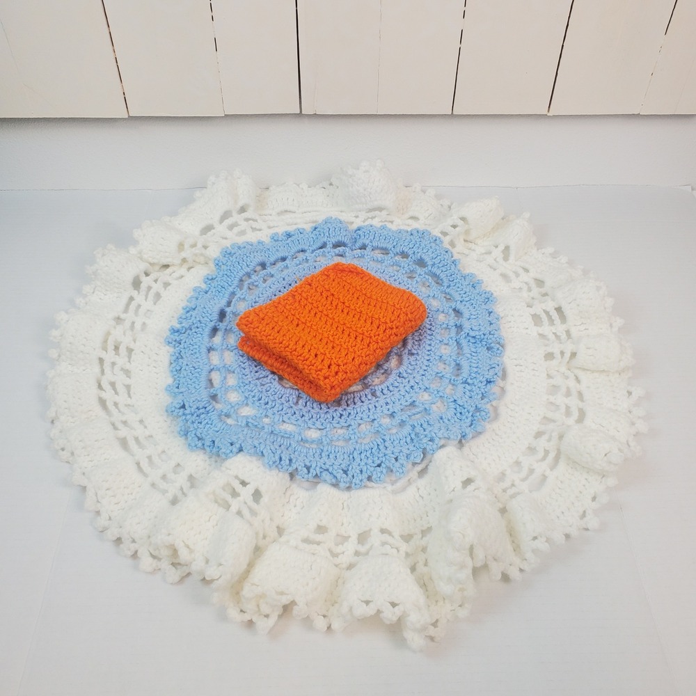 Handmade Crochet Doily Set  White Blue Orange Ruffled Boho 3pc Bundle
